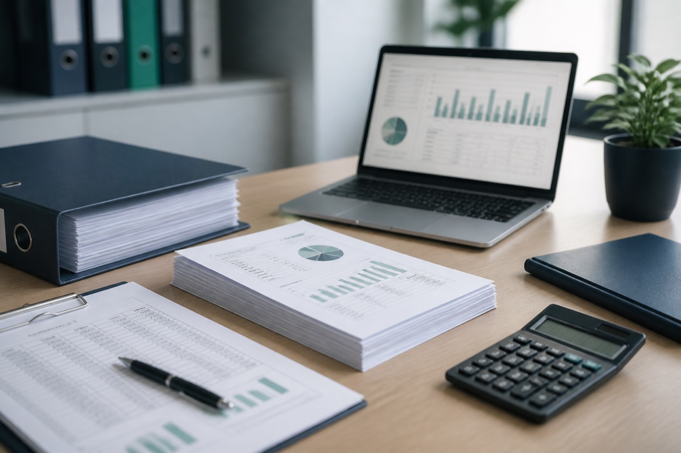 Dokumenty księgowe, laptop i raporty finansowe na biurku